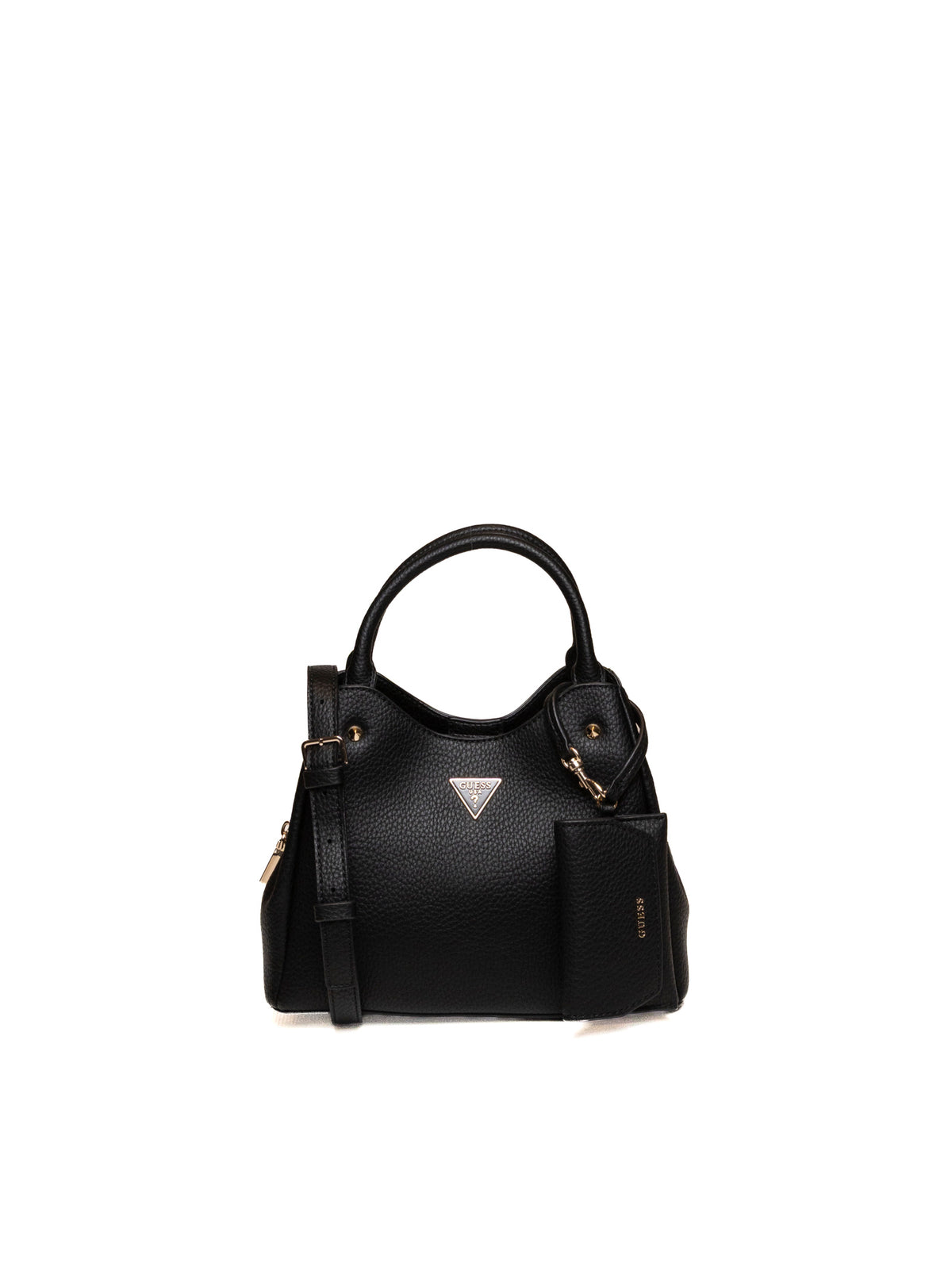 Borsa a mano in pelle nera Guess con logo triangolare dorato e mini pochette frontale