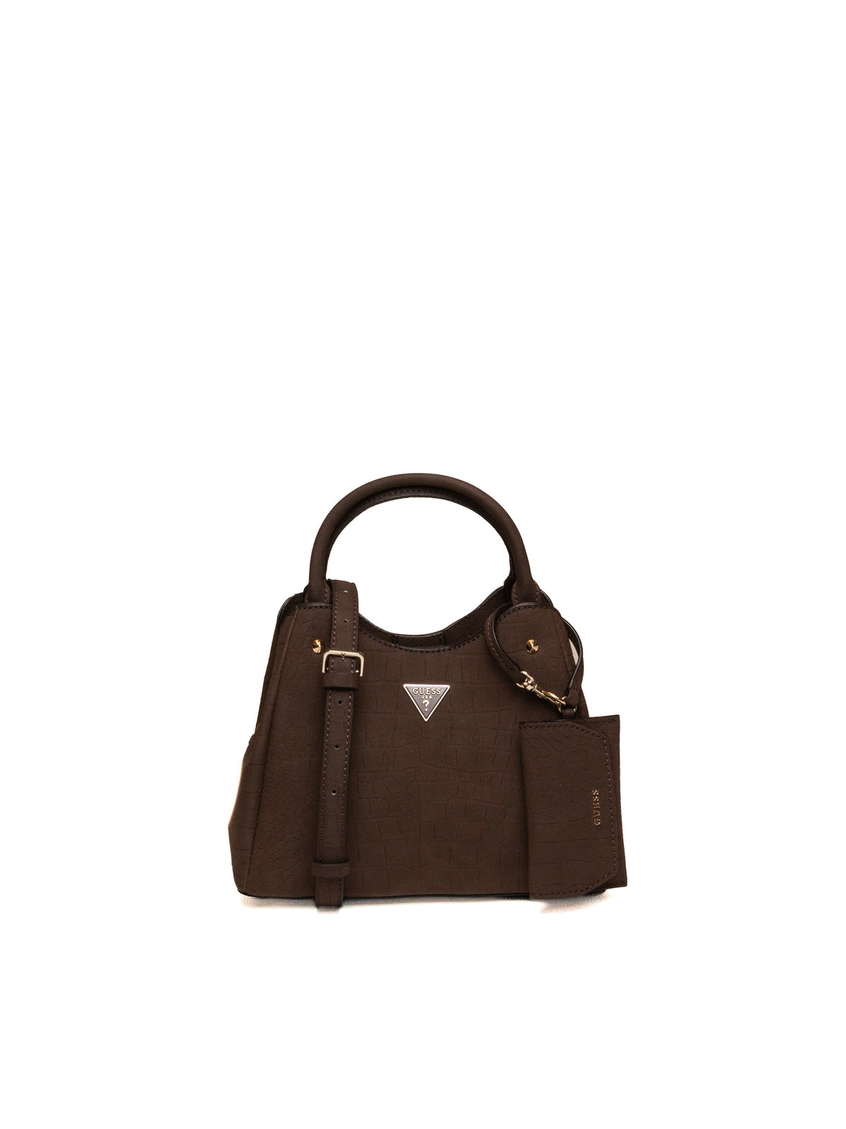 Borsa Lorella in pelle marrone espresso Guess vista frontale con pochette e dettagli dorati