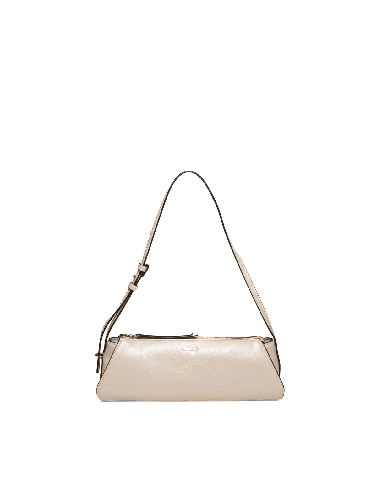 Borsa baguette in pelle taupe GUESS vista frontale con logo dorato e tracolla