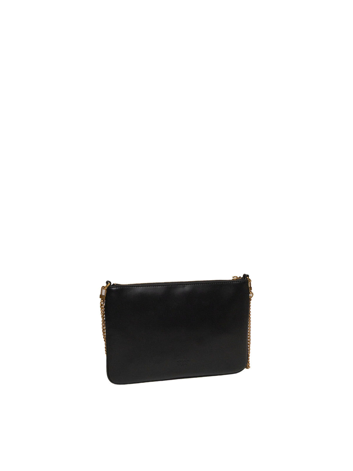 Vista posteriore della pochette in pelle nera PINKO con tracolla in catena dorata