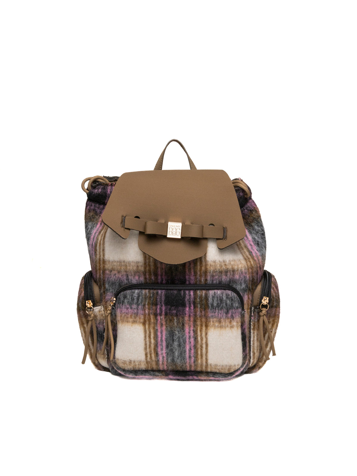 Zaino Taylor fango e tartan Save My Bag vista frontale con tasche e patta