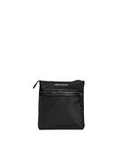 Borsa piattina nera Armani Exchange vista frontale con tasca con zip e logo bianco
