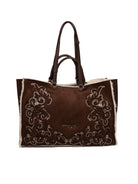 Shopper in camoscio marrone scuro Ermanno Scervino vista frontalmente con ricami e logo dorato