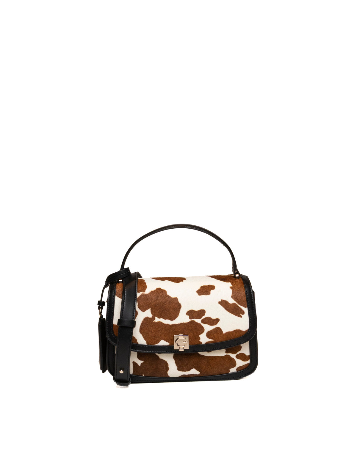 Borsa a tracolla maculata in pelle Guess vista frontale con chiusura metallica e manico