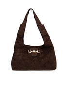 Borsa hobo Sunset GUESS in camoscio espresso vista frontale con fermaglio dorato