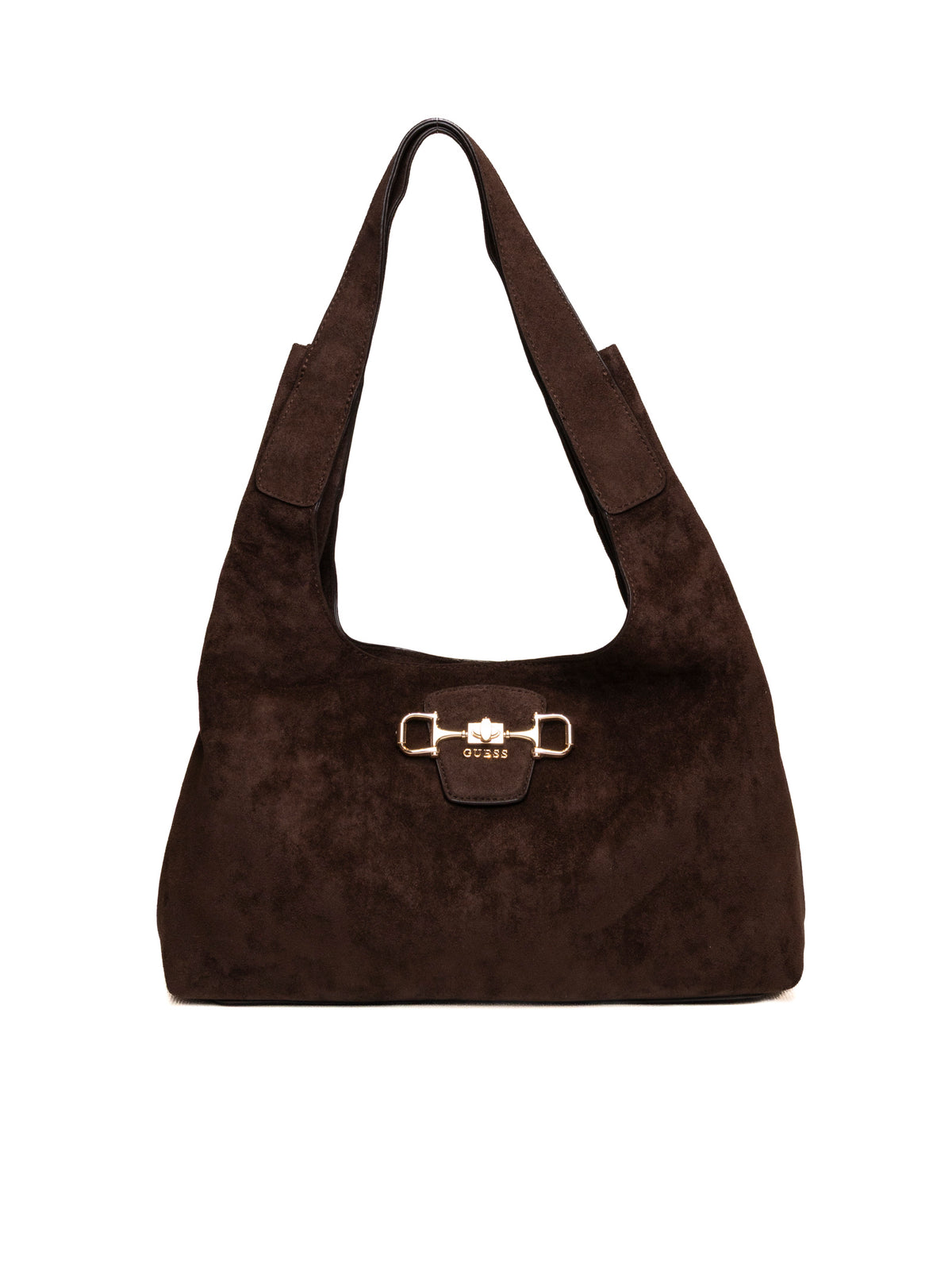 Borsa hobo Sunset GUESS in camoscio espresso vista frontale con fermaglio dorato