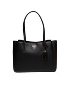 Borsa shopper nera GUESS con logo triangolare dorato e ciondolo sul fronte