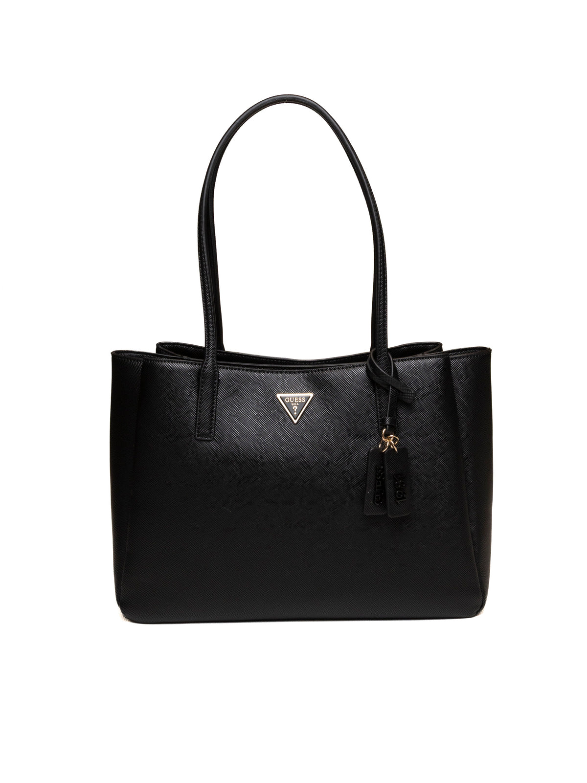 Borsa shopper nera GUESS con logo triangolare dorato e ciondolo sul fronte