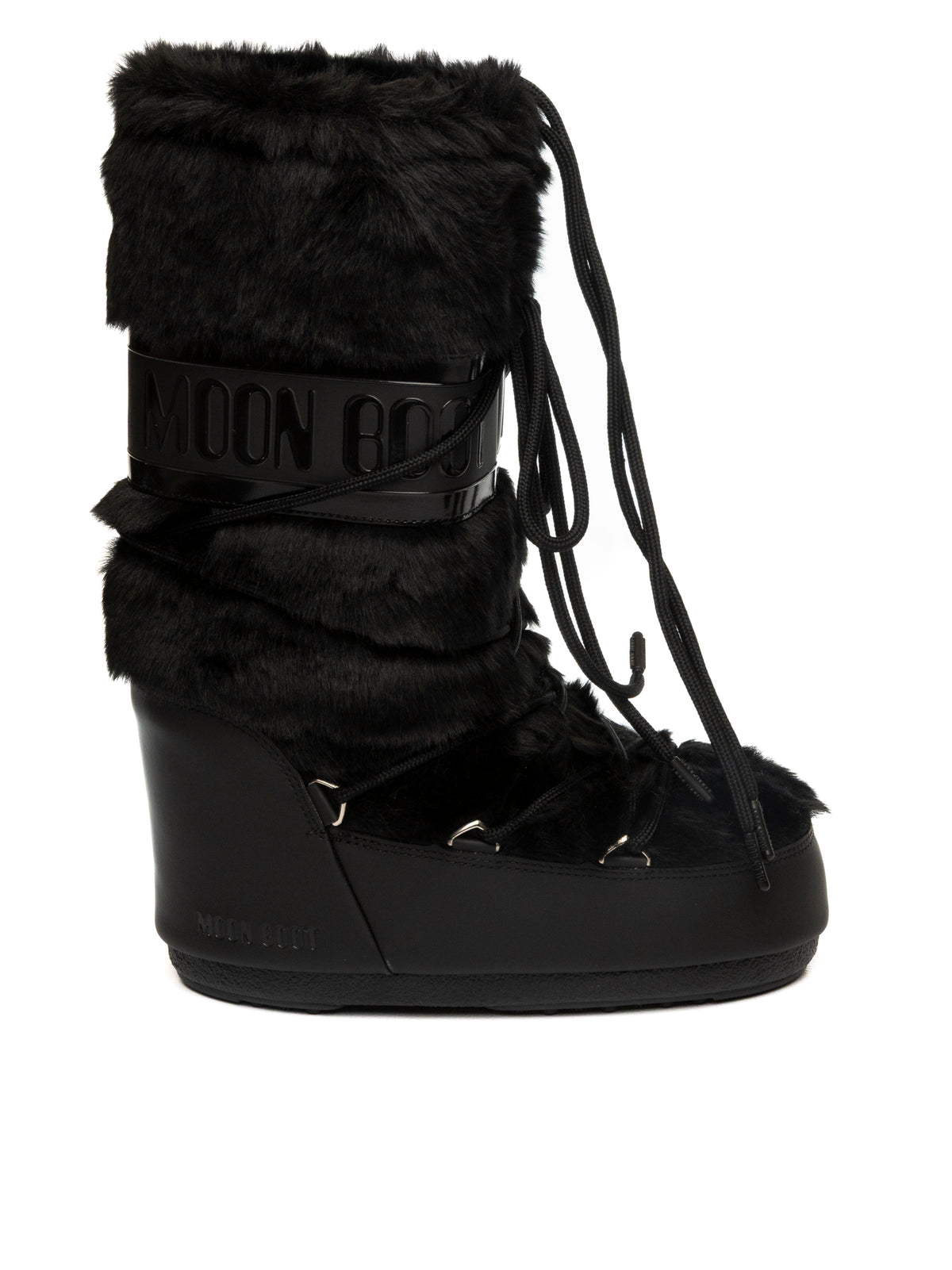 Doposci Icon Faux Fur neri MOON BOOT vista laterale interna con zeppa e lacci