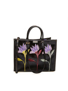 Borsa shopper Atena in tessuto nero MY-BEST BAG con ricami floreali frontali.