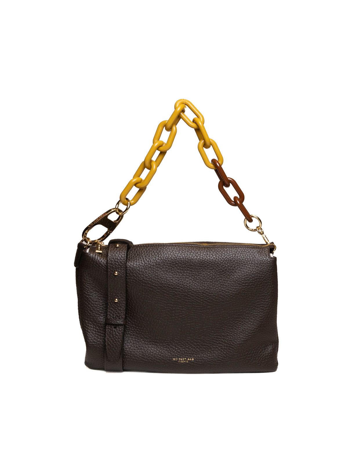Borsa a spalla in pelle marrone scuro MY-BEST BAG vista frontale con catena bicolore