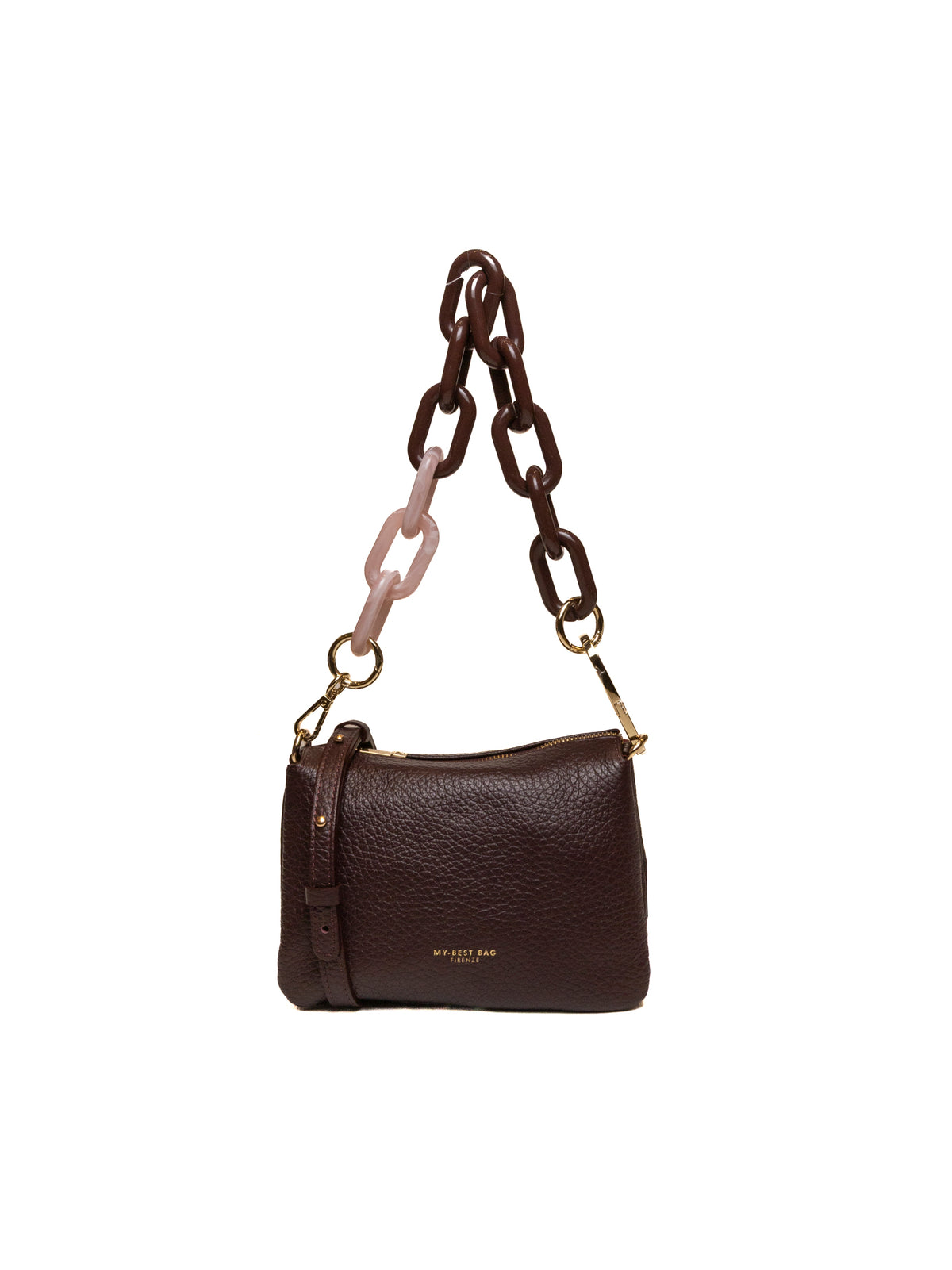 Borsa a tracolla in pelle martellata wine MY-BEST BAG con catena bicolore, vista frontale.