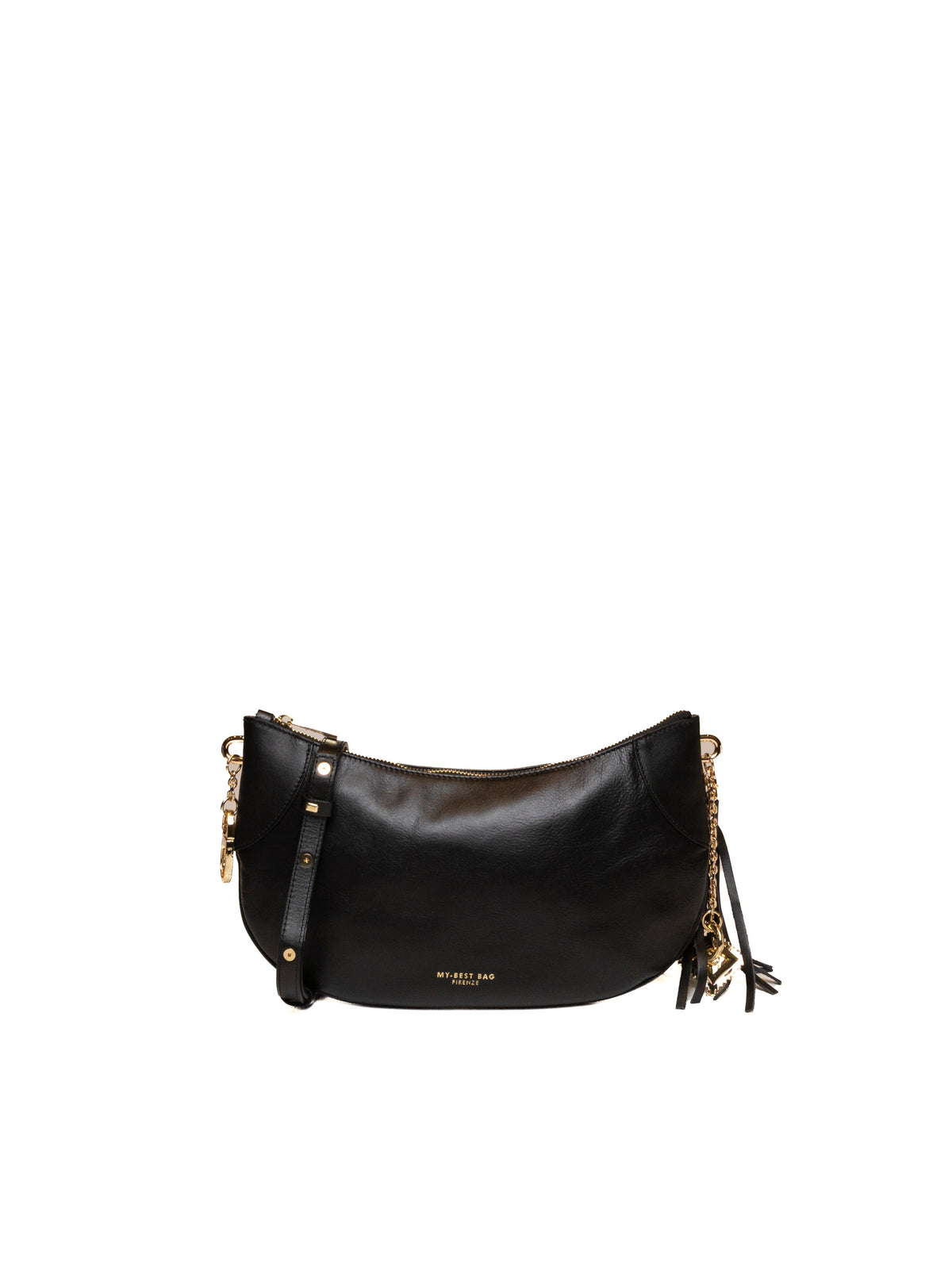 Borsa hobo in pelle nera MY-BEST BAG con logo dorato zip e charm frontale