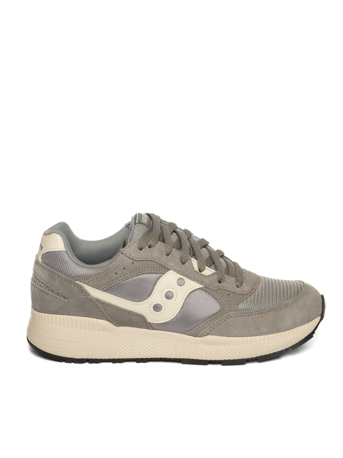 Sneaker in camoscio grigio e panna Saucony vista di profilo laterale esterno