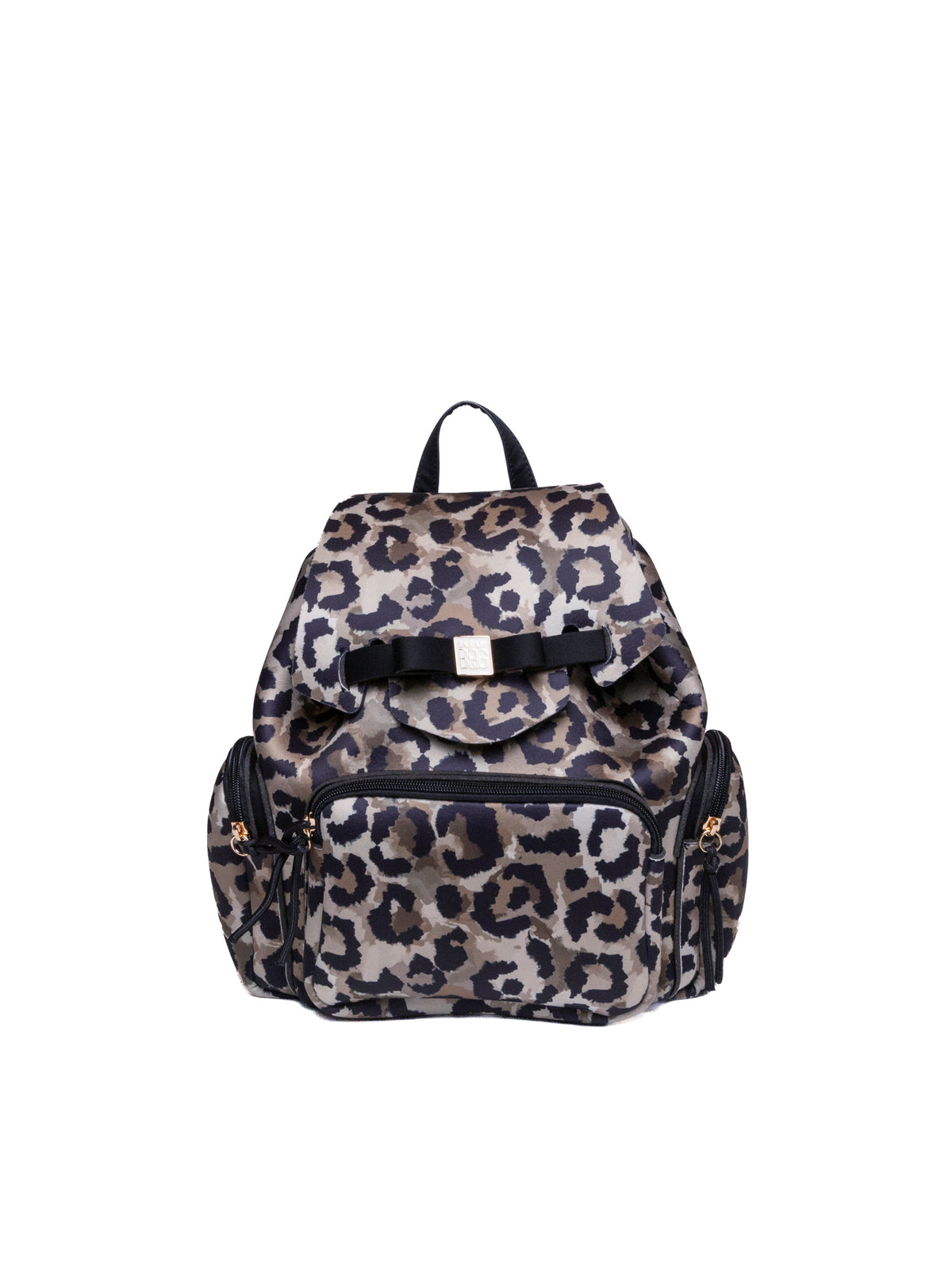 Zaino in lycra leopardata Save My Bag con patta, fiocco e tre tasche frontali