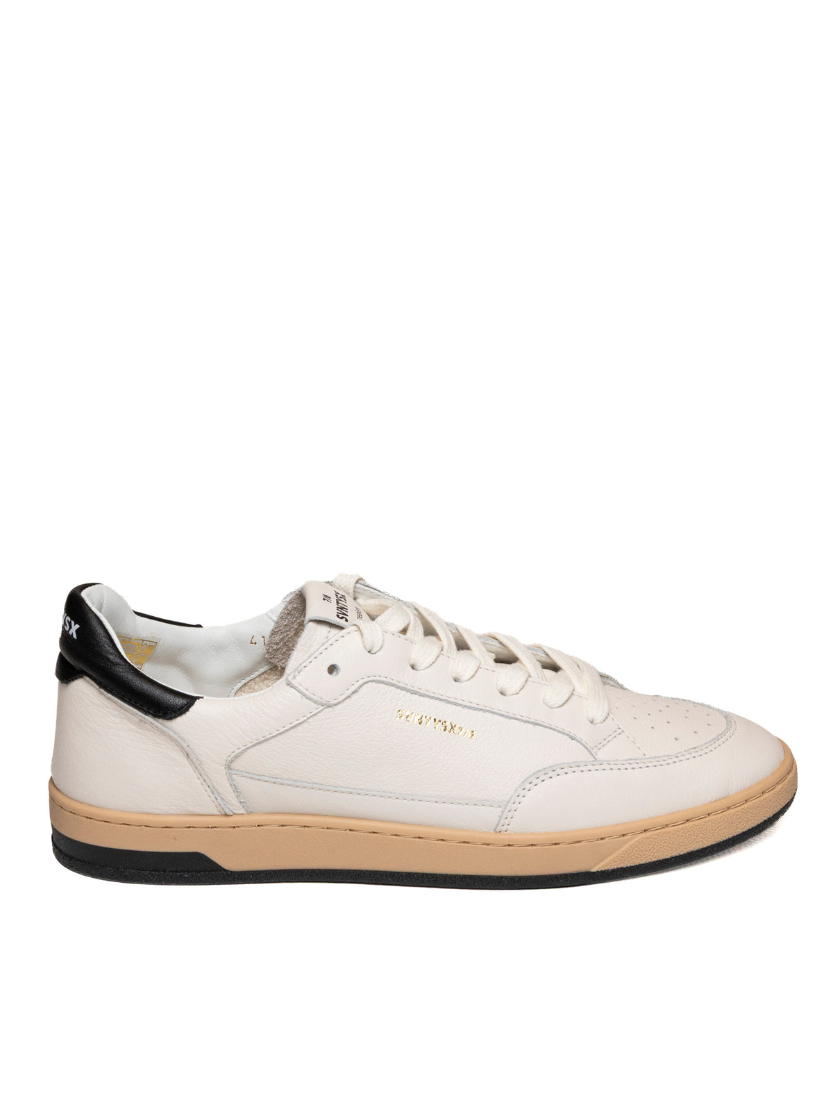 Sneaker bassa in pelle bianca e blu THE 76 con vista laterale e scritte dorate